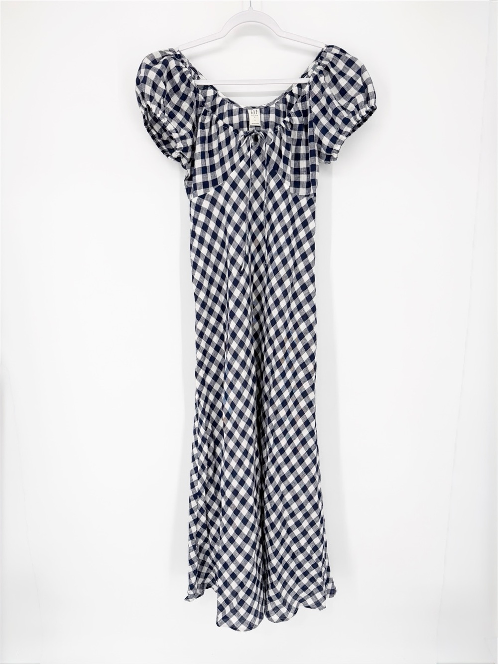 NWT Gap × DÔEN 100% Linen Gingham Midi Dress in Navy & White Size S